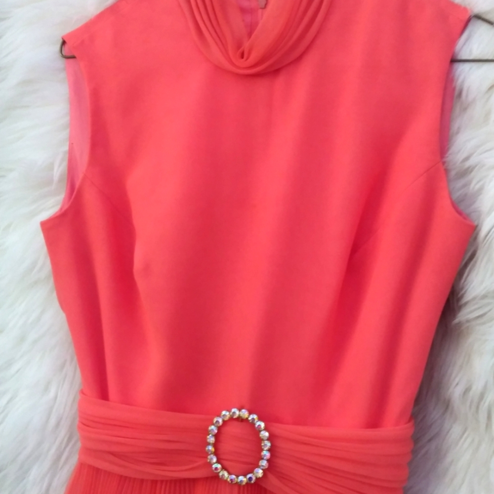 Vintage Jack Bryan Dress Chiffon Coral 60s Pleated Lettuce Ruffle Skirt Small - Picture 4 of 9